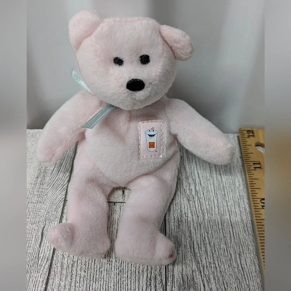 Ty McDonald's Light Pink Stuffed Bear with Blue Ribbon